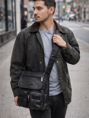 Vintage Leather Ranch Crossbody Bag Black Multi Pocket Genuine Leather